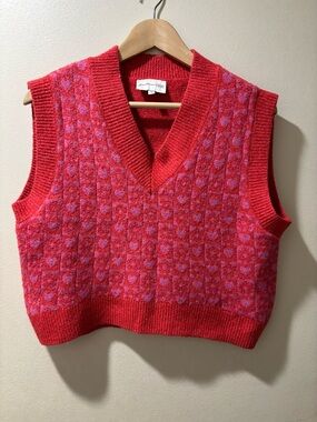 Freshman Red and Pink Patterned V-Neck Sweater Vest